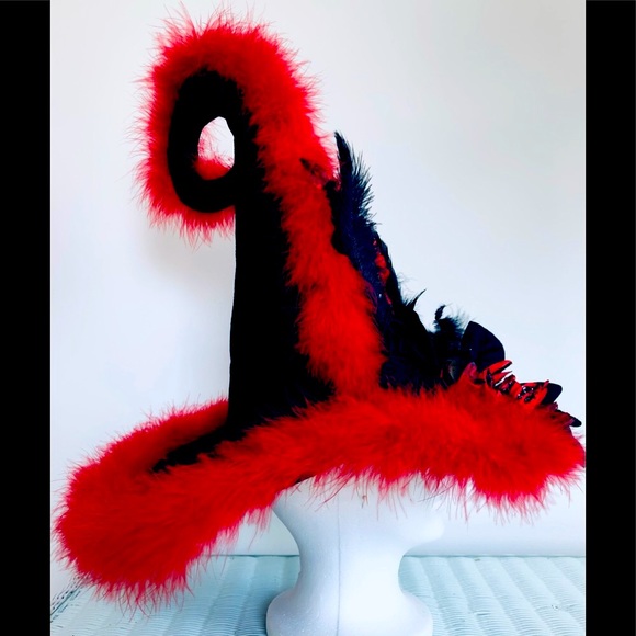 Elf victorian hat Black velvet & ted marabou feather trim Artisan one of - Picture 12 of 16